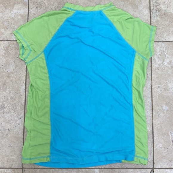 Girls Swim Shirt w Cap Sleeves Blue & Lime Green w/ Hawaiian Flower XL 14/16 - Picture 4 of 5